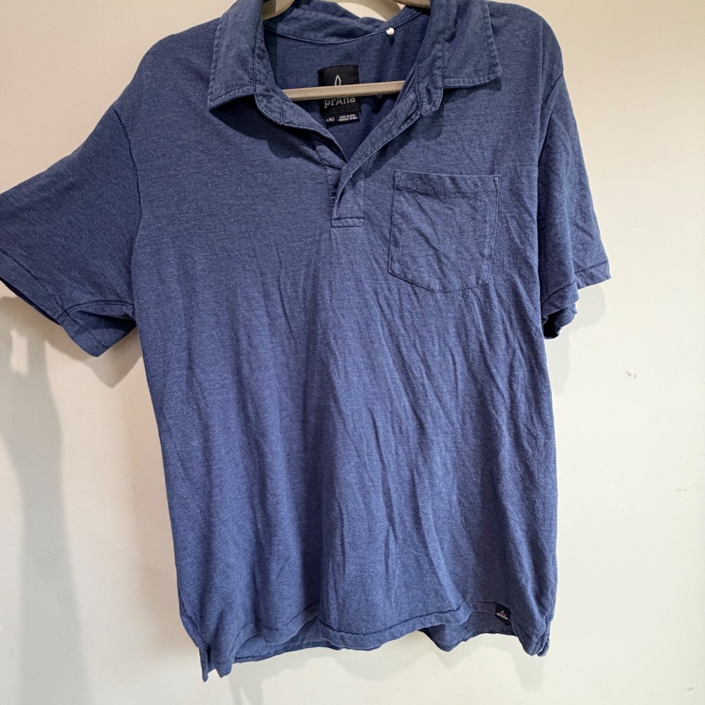 Prana Polo Shirt Mens L Blue Short Sleeve Organic Cotton Blend Pocket Casual